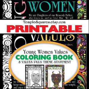 Peut inclure: Livre de coloriage imprimable pour les jeunes femmes avec une illustration de hibou avec le mot "Connaissance" dans une bannière au-dessus. Le livre comprend 8 valeurs plus une déclaration thématique.