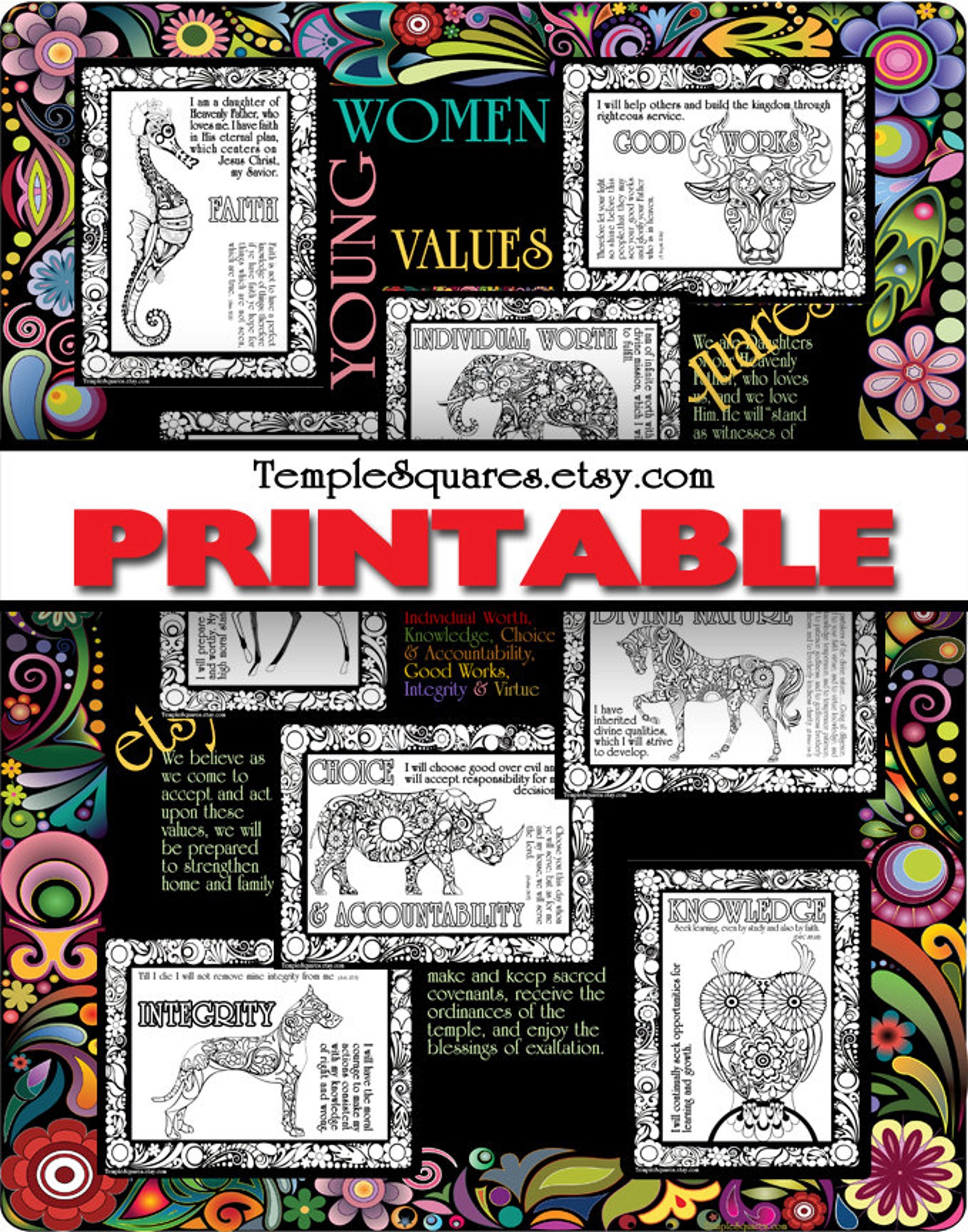 Printable Adult Coloring Book. LDS YW Young Women Values Theme | Etsy