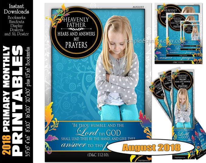 Printable Primary Monthly Posters August 2018 I am a Child of God Poster Bookmark and Handouts 5 sizes XL poster size down to handout size