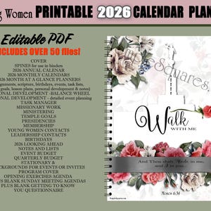 Könnte beinhalten: Ein druckbarer 2026 Kalenderplaner für junge Frauen. Das Cover zeigt florale Designs und die Worte "Walk With Me". Enthält über 50 Dateien, wie z. B. Monatskalender, Aufgabenlisten und Tools zur persönlichen Entwicklung.