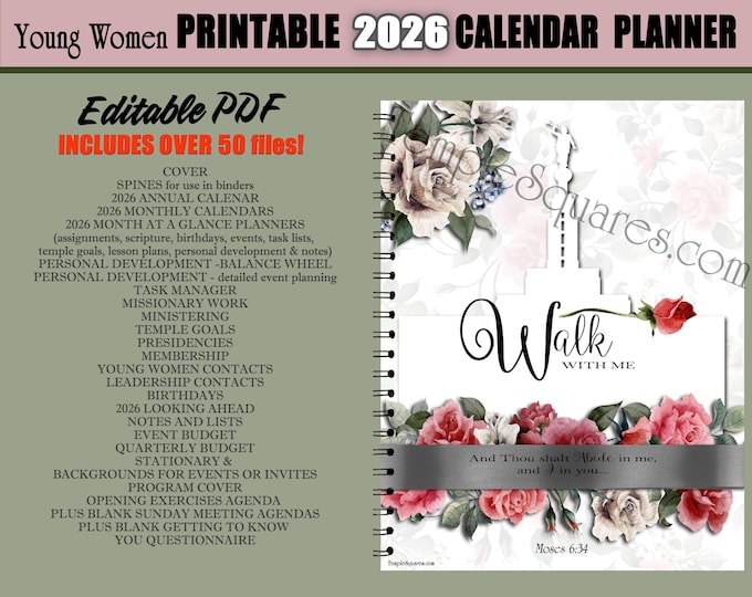 Editable PDF YW Presidency and Class Calendar Planner Agendas 2026 Theme Walk With Me LDS Printable Bundle Young Women
