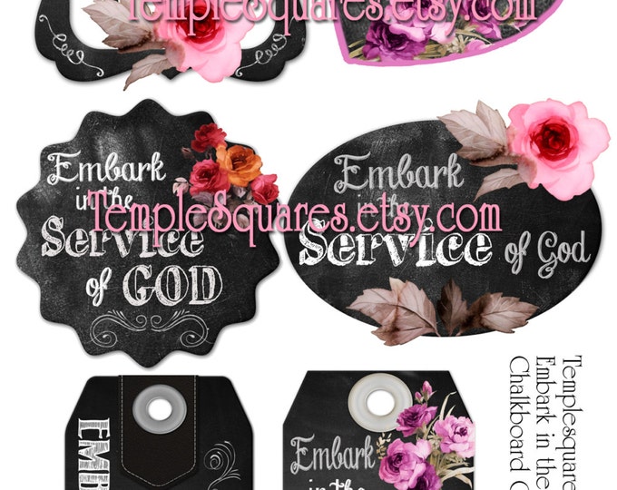 Printable Digital Files for Chalkboard and Roses Style Gift Tags or Labels EMBARK in the Service of God Young Women 2015 Theme YW