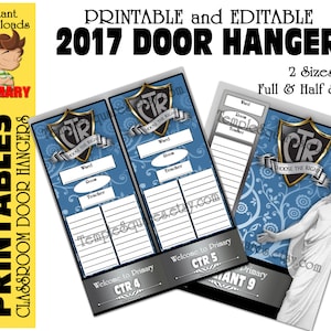May include: Printable door hangers for a church primary classroom. The hangers feature a blue background with a gold shield and the text "Choose the Right" and "CTR". The hangers are available in two sizes: full sheet and half sheet.