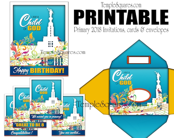 PRINTABLE Invites Cards Thank You, We Miss You, Happy Birthday, Great to be 8, Congratulations Invitation, plus matching Envelopes LDS craft