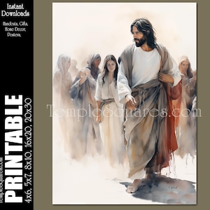 Könnte beinhalten: Ein Aquarelldruck, der eine religiöse Szene mit einer zentralen Figur in weißen und braunen Gewändern zeigt, die eine Gruppe von Menschen anführt. Das Bild hat weiche, gedämpfte Farben und enthält den Text "PRINTABLE" und "TempleSquares.com" mit Größenoptionen.