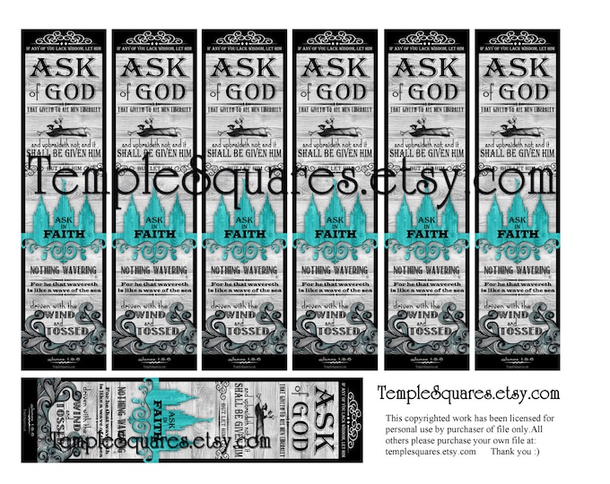 PRINTABLES Bookmarks 2 sizes LDS YW Young Women Theme Chalkboard style Ask of God Ask in Faith James 1: 5-6 Temple Art Collage