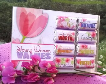 Printables-mini Candy Bar wrappers-YW jonge vrouwen waarden-persoonlijke vooruitgang, meisjes kamp, geheime zus, DIY geschenken, hand-outs, behandelt