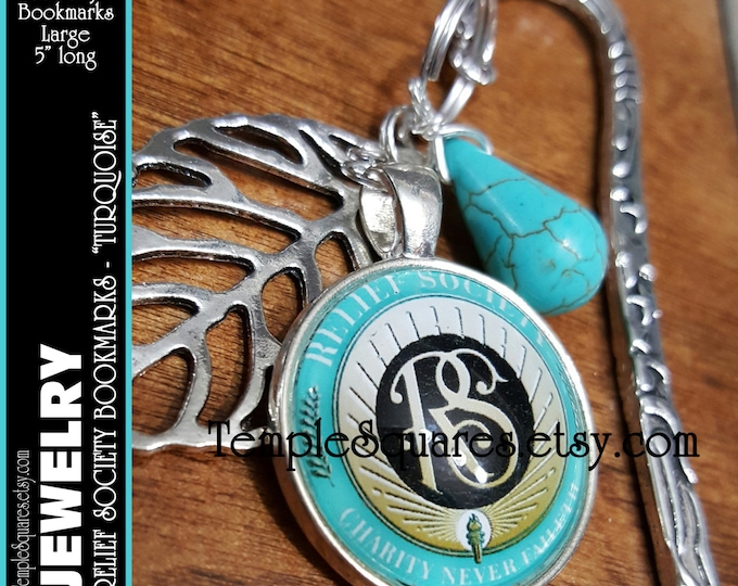 Relief Society Emblem Large Bookmark with Charms. Beautiful Christmas, Birthday, Missionary, or Visiting Teaching Gift. Silver and Turquoise