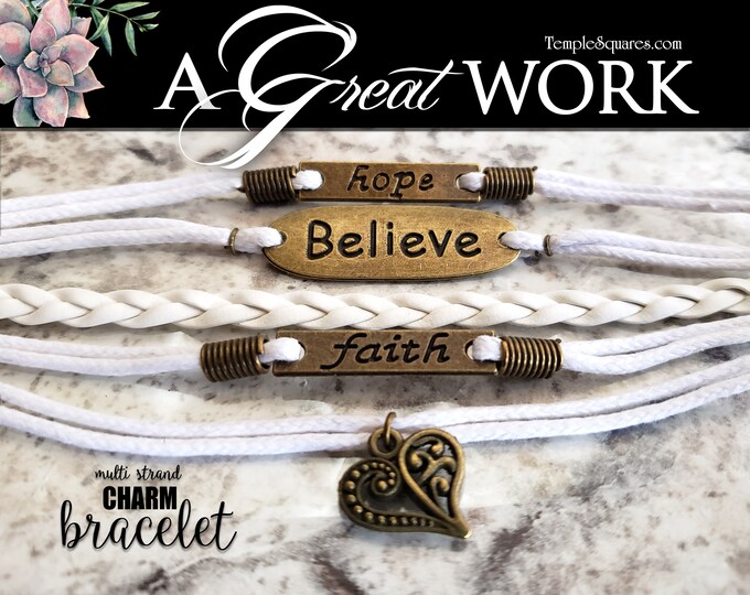 5 strand Charm Bracelets Young Women Theme Jewelry Hope Believe Faith A Great Work D&C 64:33-34  Relief Society Christmas Birthdays