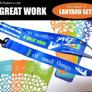 May include: A blue lanyard with the text "A Great Work Out of Small Things" and a white hand with a dove. The lanyard is paired with a set of bookmarks featuring a tree design in various colors. The bookmarks have text that reads "Wherefore, be not weary in well-doing."