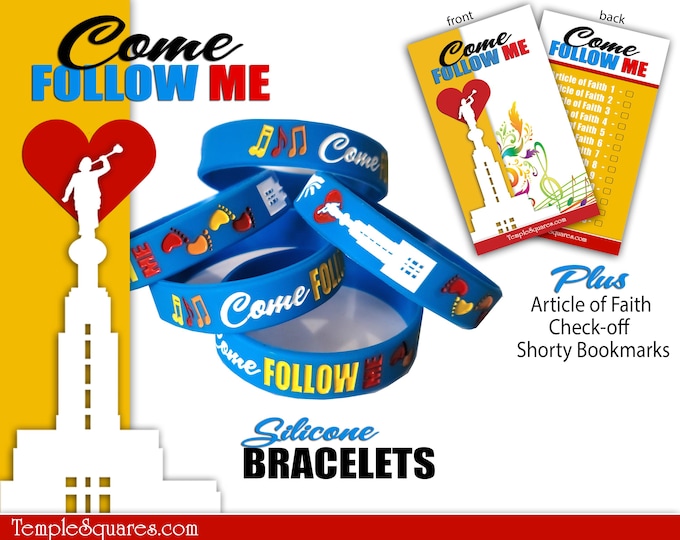 Colorful Silicone Children's Wristband Bracelets. "Come Follow Me" Primary and Youth Theme Gift