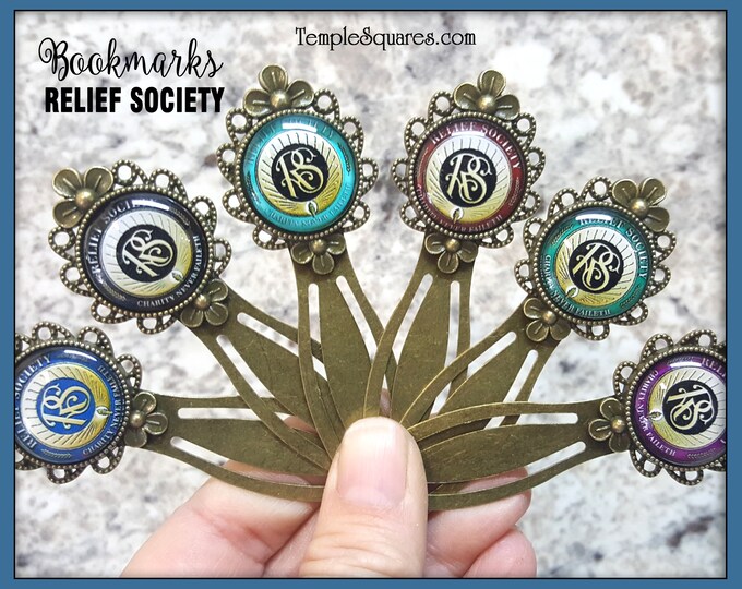 Relief Society Bronze Metal Floral Bookmark with Glass Relief Society Symbol Seal in Six Colors Christmas Gifts  Birthday Gift Ministering