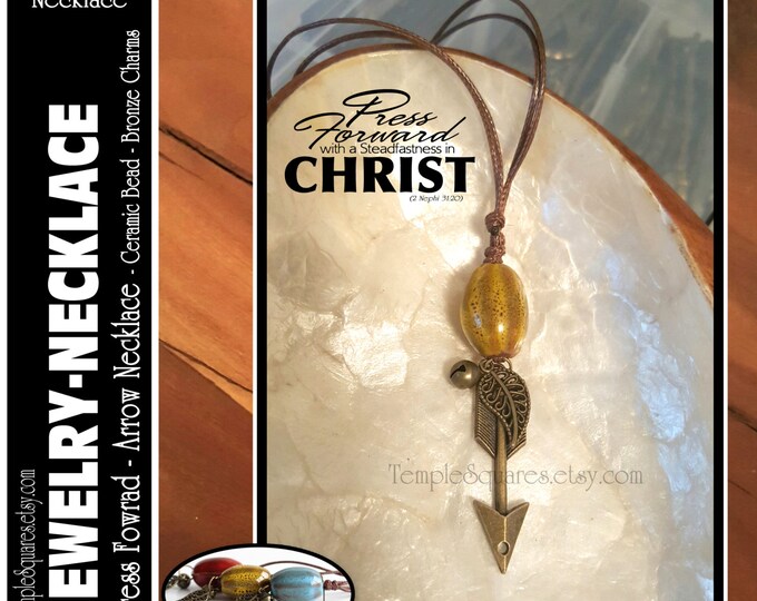 Arrow Charm Necklace. Press Forward 2016 Mutual Theme.  Ceramic Bead, Arrow, Leafl Charms. LDS Jewelry Gifts YWIE Girls Camp RS Missionary