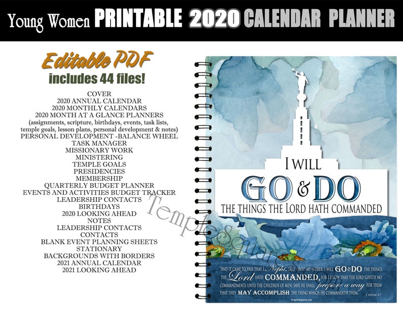 Editable PDF YW Presidency Calendar Planner Agendas Cover 2020 Etsy
