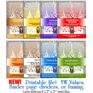 Printable LDS YW Young Women Values Art Binder Page Dividers. Print 8 1/2&quot;x 11&quot; Great as gifts or craft activities. Includes all 8 files.