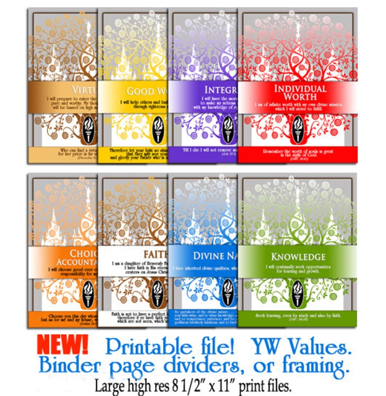 Printable LDS YW Young Women Values Art Binder Page Dividers. Print 8 1 ...