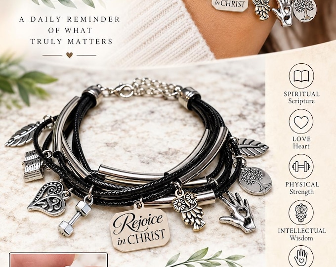 2027 Rejoice in Christ Multi Strand Charm Bracelet with Stainless Steel Engraved Charm. YW Young Women Theme Jewelry Birthday Girls Camp