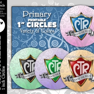 Op de afbeelding: Vier 2,5 cm printbare cirkels met een schild met de letters "CTR" en de tekst "Choose the Right" in verschillende kleuren: roze, groen, zwart en rood.