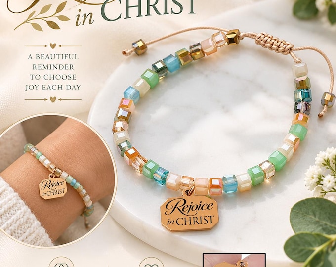 2027 Rejoice in Christ Blue Glass Beaded Charm Bracelet with Stainless Steel Engraved Charm YW Young Women Theme Jewelry Birthday Girls Camp