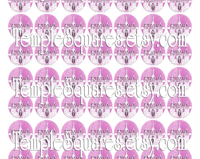 Printable Digital Files- Stickers Labels Jewelry on 1" circles LDS Mutual YW Young Women 2015 Theme Embark in the Service of God Pink Temple