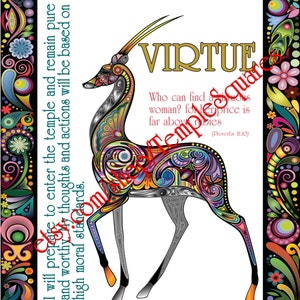 Peut inclure: Une illustration abstraite et colorée d'une antilope avec le mot "VIRTUE" en lettres dorées. Le texte ci-dessous indique "Qui peut trouver une femme vertueuse ? car son prix est bien au-dessus des rubis (Proverbes 31:10)"