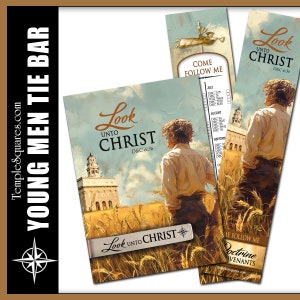 May include: A bookmark with a picture of a man walking through a field of wheat. The bookmark has the text "Look Unto Christ D&C 6:36" on it. The bookmark is part of a set of bookmarks with the theme "Come Follow Me".