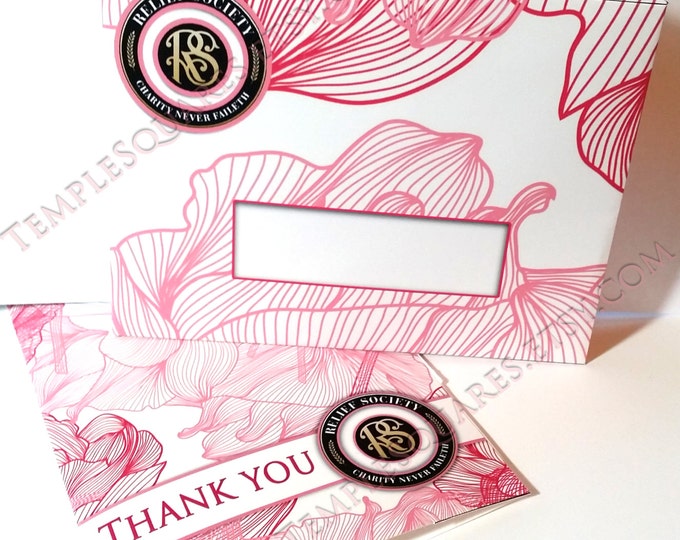 PRINTABLE Relief Society Thank You Cards and Matching Envelopes LDS Presidency or Visiting Teaching Charity Never Faileth Pink Florals