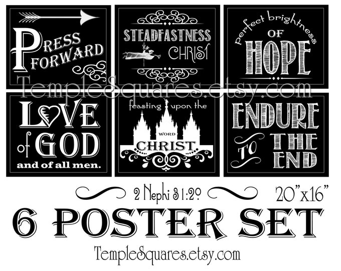 6 Poster Set 16x20 Printables "Press Forward" 2 Nephi 31:20 - Great for girls camp, crafts, activities, chalkboard subway