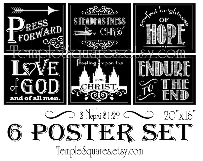 6 Poster Set 16x20 Printables "Press Forward" 2 Nephi 31:20 - Great for girls camp, crafts, activities, chalkboard subway