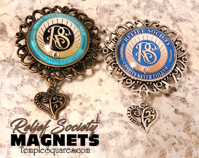 Relief Society Magnets with Glass Relief Society Symbol Seal and charm. Refrigerator magnet or bulletin board. Birthday Party Gift Ideas.