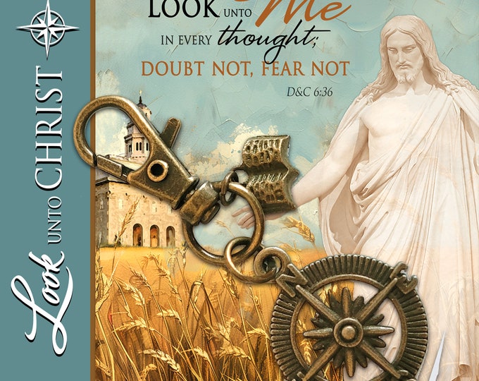 Compass and Scripture key ring or purse clip 2025 Youth Theme Look unto Christ. Pioneer Girl Style optional collector card or bookmark.
