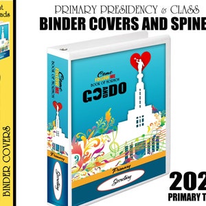 Puede incluir: Una cubierta de carpeta blanca con fondo azul y diseños florales coloridos. El texto "Come Follow Me Book of Mormon Go and Do" está impreso en negro. La cubierta también presenta una silueta blanca de un templo con un corazón rojo encima. El texto "Primary Secretary" está impreso en negro sobre un óvalo blanco.