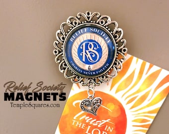 Relief Society Magnets with Glass Relief Society Symbol Seal and charm. Refrigerator magnet or bulletin board. Birthday Party Gift Ideas.