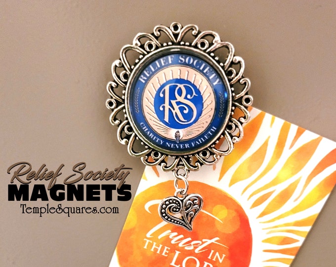 Relief Society Magnets with Glass Relief Society Symbol Seal and charm. Refrigerator magnet or bulletin board. Birthday Party Gift Ideas.