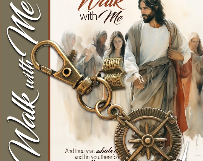 Compass and Scripture key ring or purse clip 2026 Youth Theme Walk with Me. Optional collector card or scripture tracking bookmark.