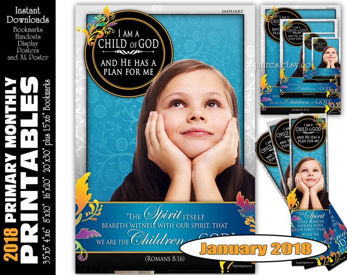 Printable Primary Monthly Posters March 2018 I am a Child of God Poster Bookmark and Handouts 5 sizes XL poster size down to handout size