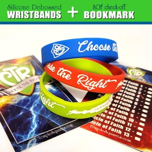 May include: Three silicone wristbands with white lettering. The blue wristband says "Choose the", the red wristband says "Right", and the green wristband says "Right". The wristbands are stacked on top of a bookmark with a shield design and the text "CTR CHOOSE THE RIGHT".