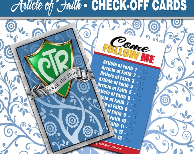 Pack of 10 CTR Article of Faith Memorization Tracker Cards - 2026 Theme Come Follow Me Hand-out, Bookmark, Gif tag