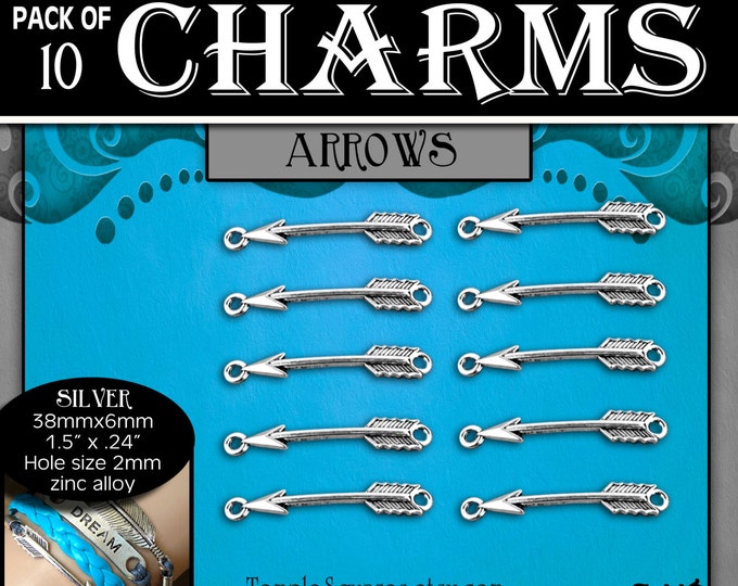 CHARMS - Arrow Antique Silver - Pack of 10 Charms. Go and Do theme DIY Jewelry Findings for Necklaces, Bracelets, youth theme Craft Activity