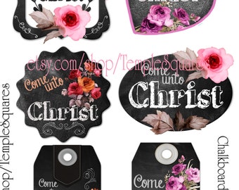 Druckbare digitale Download-Dateien für Chalkboard und Roses Style Geschenk-Tags oder Labels Come Unto Christ Young Women Relief Society Primary YW