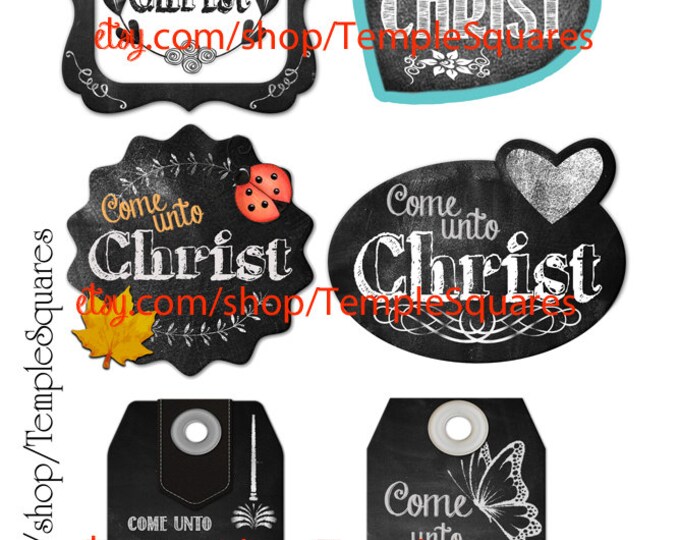 Printable Digital Download Files for Chalkboard Style Gift Tags or Labels Come Unto Christ YW  Young WomenYW