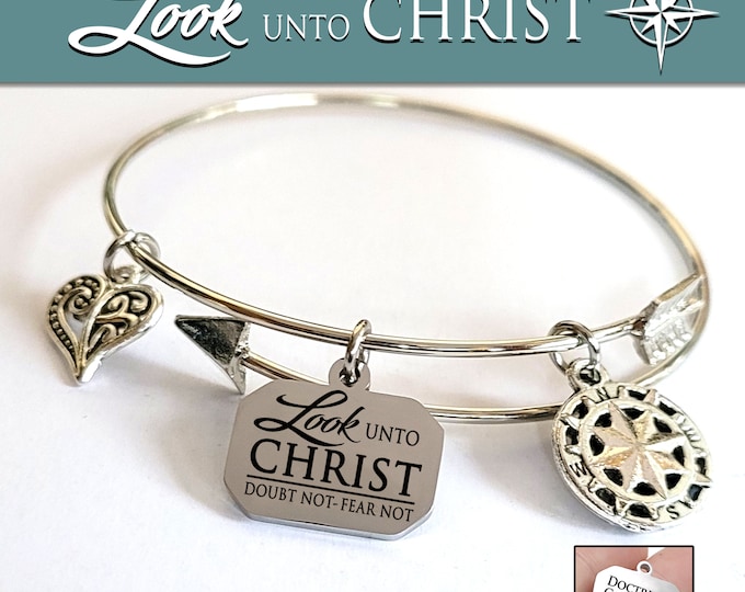 Bangle Arrow Charm Bracelet with "Look unto Christ" engraved stainless steel charm for 2025 YW Young Women Theme Jewelry