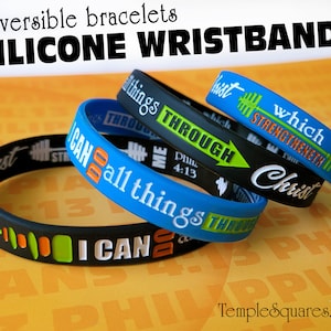 Bracelets colorés en silicone. « Je peux tout par le Christ » Thème de la Primaire et des jeunes de la JJ avec carte ou marque-page