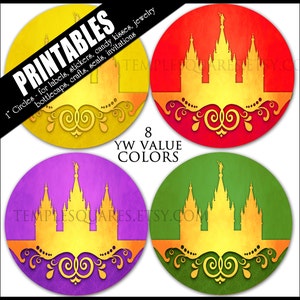 Peut inclure: Huit autocollants circulaires imprimables de 2,5 cm de diamètre représentant une silhouette dorée du temple de Salt Lake sur différents fonds de couleur : jaune, rouge, violet, vert, bleu, orange, rose et marron. Le texte « 8 YW VALUE COLORS » est imprimé en noir sur fond blanc.
