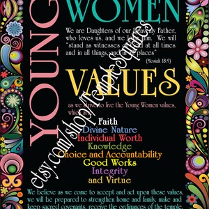 Pliki do wydruku Young Women Values POSTER! YW Personal Progress Poster 11x14, 16x20, 18x24 i Super LARGE 20x30 pliki o wysokiej rozdzielczości