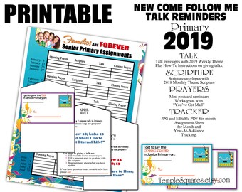 Editable Printable Primary 2019 Talk Reminders, Scriptures, Prayers Weekly Themes Come Follow Me Curriculum Assignment Sheet editable pdf