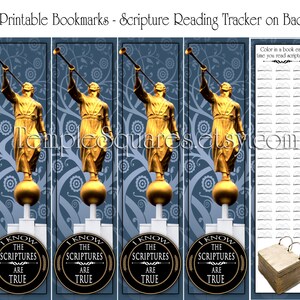 May include: Set of four printable bookmarks with a gold statue illustration and the text "I KNOW THE SCRIPTURES ARE TRUE." The back of the bookmark has a scripture reading tracker. The top of the bookmark reads "Printable Bookmarks - Scripture Reading Tracker on Back."