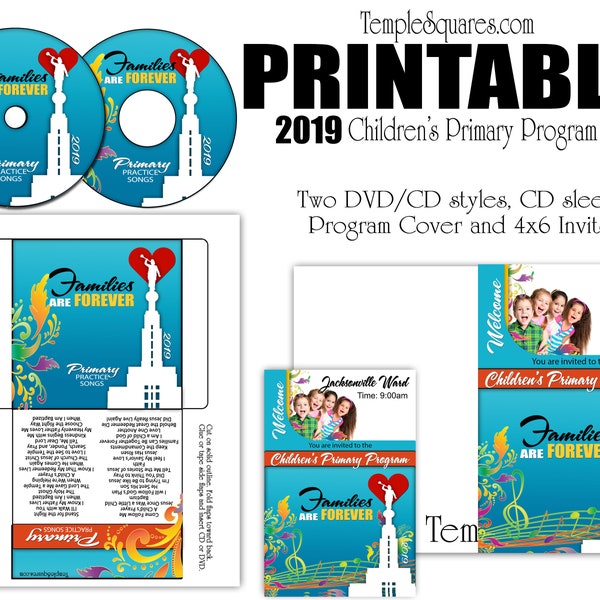 Printable CD labels for 2019 Children's Primary Program Songs, Families Are Forever, Program Cover,  invitations Come Follow Me for Primary