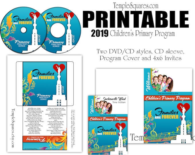 Printable CD labels for 2019 Children's Primary Program Songs, Families Are Forever, Program Cover,  invitations Come Follow Me for Primary