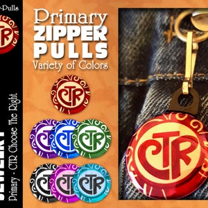 May include: Primary zipper pulls with the letters "CTR" in a circle design. The pulls are available in red, purple, blue, green, black, pink, and light blue.